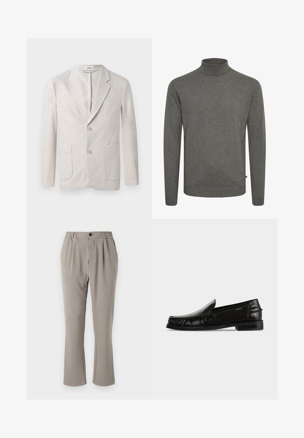 Beige strikjakke med enkeltknap design, klippet krave, to forlommer og to knaplukninger. Glat tekstur.; Grå rullekravesweater lavet af blødt strikket materiale. Har en tætsiddende krave og lange ærmer med ribstrikkede manchetter og kant.; Lyse grå bukser med en afslappet pasform, lavet af blødt stof, med elastisk talje, plisseringer og en enkelt knaplukning.; Sort læder slip-on loafer med flettet detalje langs siderne og en lav hæl på en hvid baggrund.
