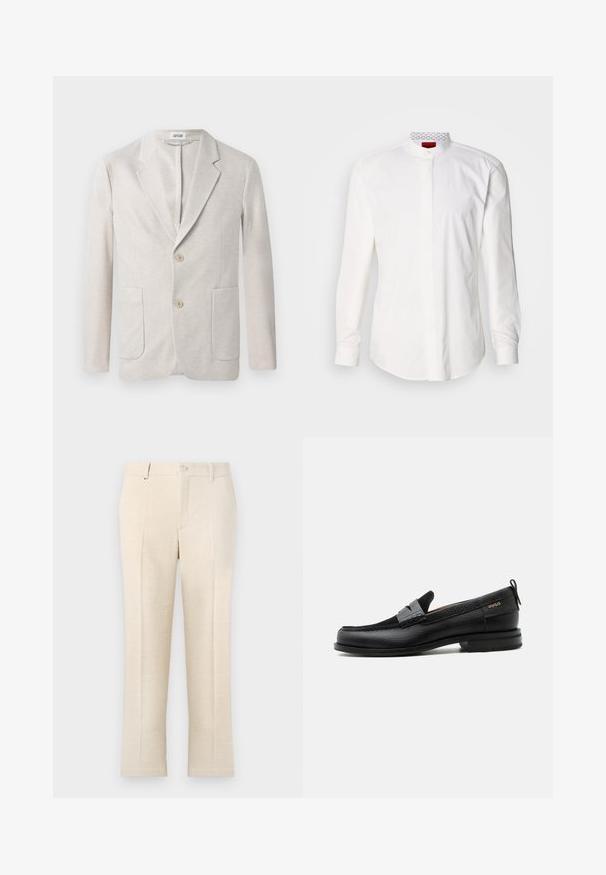 Blazer en maille beige avec un design à boutonnage simple, des revers crantés, deux poches avant et deux fermetures à bouton. Texture lisse.; Chemise blanche à manches longues avec un col montant, en coton. Comprend une patte de boutonnage à l'avant, un design minimaliste et un marquage subtil sur le col intérieur.; Pantalons beige ajustés en tissu texturé, avec une fermeture éclair, deux poches avant, et une coupe slim droit.; Mocassin en cuir noir avec détail de bride grise, talon bas et semelle texturée, marqué "HUGO" en or sur le côté.