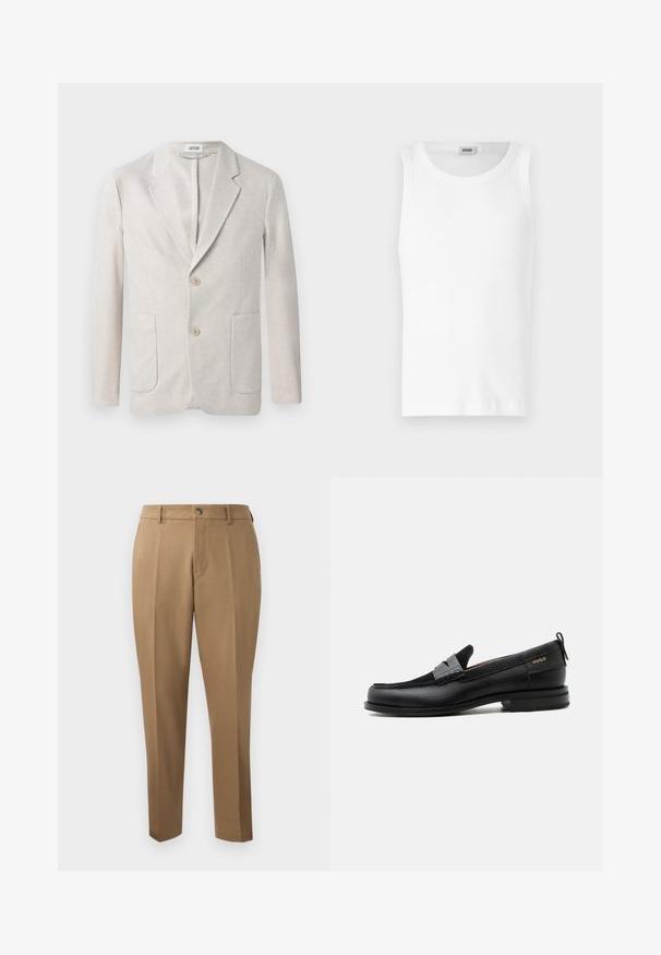 Blazer de punto beige con diseño de un solo botón, solapas con muesca, dos bolsillos delanteros y dos cierres de botón. Textura suave.; Camiseta sin mangas de algodón blanco con cuello redondo y una textura suave. Diseño sencillo, sin patrones ni acentos.; Pantalones marrones a medida con corte recto, pinzas simples, trabillas para cinturón y cierre frontal con botón. Tela suave con una textura mate.; Mocasín de cuero negro con detalle de tira gris, tacón bajo y suela texturizada, con la marca "HUGO" en oro en el lateral.