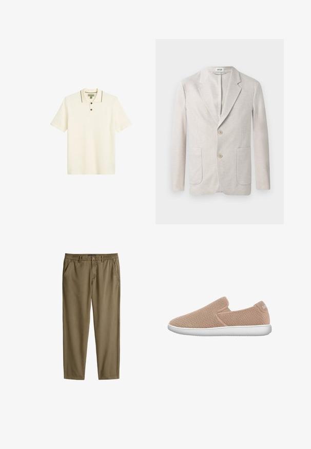 Beige gebreid blazer met een enkelvoudig ontwerp, metgelapste revers, twee voorkanten zakken en twee knopen. Gladde textuur.; Lichtcrème polo-shirt met een drie-knopen placket, contrasterende donkere randen op de kraag en korte mouwen. Textuur afwerking van de stof.; Marc O'Polo MODEL BELSBO JOGGER - Chino - frozen taupe; Instappers met een lichtbeige mesh bovenkant, witte rubberen zool en een minimalistisch ontwerp. Versterkte stiksels en subtiele branding op de hiel.