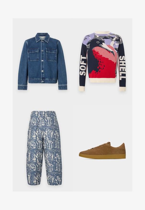 Veste en denim bleu avec fermeture à boutons, deux poches poitrine à rabat, manches longues et col classique sur un fond blanc uni.; Pull tricoté coloré avec un motif d'oiseau en rouge, marine et lavande. Détails de texte "SOFT" et "SHELL" sur les manches. Encolure et poignets côtelés.; Pantalon bleu à motifs en tissu léger, présentant des motifs abstraits blancs de différentes formes et objets sur toute la surface.; Baskets basses en daim marron avec lacets assortis et semelle en caoutchouc gomme, présentées en profil gauche sur un fond gris clair uni.