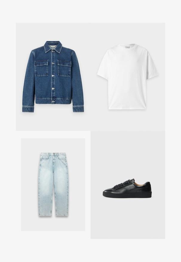 Blauwe spijkerjack met knopen aan de voorkant, twee klepzakken op de borst, lange mouwen en een klassieke kraag op een effen witte achtergrond.; Effen witte T-shirt met korte mouwen en ronde hals, plat gelegd op een lichtgrijze achtergrond.; Lichtblauwe denim jeans met een losse pasvorm, rechte pijpen, vervaagd textuur, vijf-pocket ontwerp en metalen knoopsluiting bij de taille.; Zwarte leren sneaker met een gladde textuur, ronde neus en vetersluiting. Heeft een dikke rubberen zool en minimale merkaanpassing.