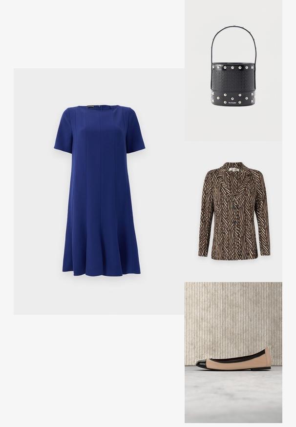 Diane von Furstenberg JACKET - Blejzer - brown; Krátky rukáv A-líniový šaty z tmavo modrej látky, s okrúhlym výstrihom a jemným prešívaním pre štruktúrovanú siluetu.; Béžová balerína s čiernou špičkou a lemovaním, vznášajúca sa nad krémovým kobercom v miestnosti s nábytkom jantarovej farby.; Čierna kabelka v tvare vedierka s tkanou textúrou, striebornými cvočkami a úzkou rúčkou. Na prednej strane má značku a hladké kožené dno.