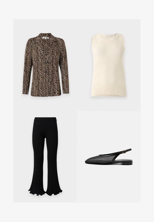 Diane von Furstenberg JACKET - Blazer - brown; Ärmelloses cremefarbenes Top mit geripptem Muster und Rundhalsausschnitt. Der Stoff wirkt weich, hat eine figurbetonte Form und keine sichtbaren Muster oder Akzente.; Rabanne Stoffhose - black; Schwarzer Slingback-Flachschuh mit spitzer Kappe, Mesh-Obermaterial, verstellbarem Schnallenriemen und niedrigem Blockabsatz auf weißem Hintergrund.