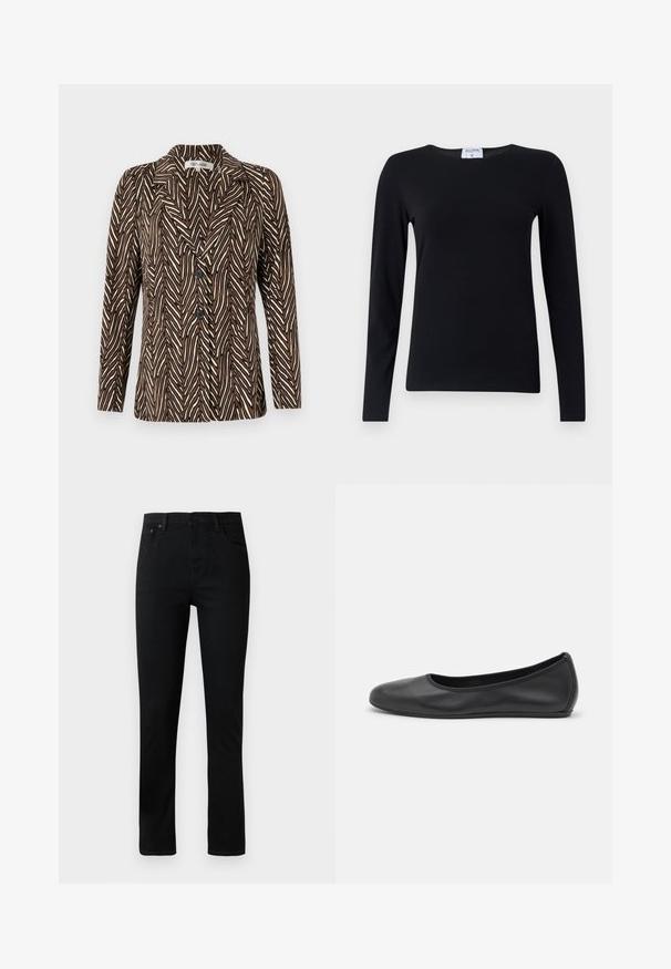 Diane von Furstenberg JACKET - Blejzer - brown; Dlhý rukáv čiernej košele vyrobenej z jemnej látky, s okrúhlym výstrihom, priamym strihom a minimálnym počtom švov pre elegantný vzhľad.; Čierne denimové džínsy so strihom rovného nohavice, s gombíkovým zapínaním, piatimi vreckami a jemnými stehovými detailmi. Hladká textura, klasický design.; Čierne kožené baleríny s okrúhlou špičkou, hladkým povrchom, minimálnym prešívaním a flexibilným dizajnom podrážky.