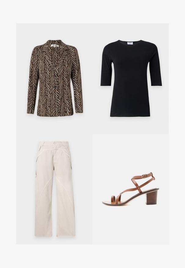 Diane von Furstenberg JACKET - Blazer - brown; Schwarzes Langarmshirt aus weichem, dehnbarem Stoff. Hat einen runden Ausschnitt und eine taillierte Silhouette mit Ärmeln in mittlerer Länge.; Beige weite Hosen aus einer Baumwollmischung, mit geschwungenen Nahtdetails, einem Knopfverschluss und seitlichen Taschen. Flacher Vorderteil.; Braune Leder-Sandale mit Absatz, Zehenring, verstellbarem Knöchelriemen und Blockabsatz, seitlich auf weißem Hintergrund dargestellt.