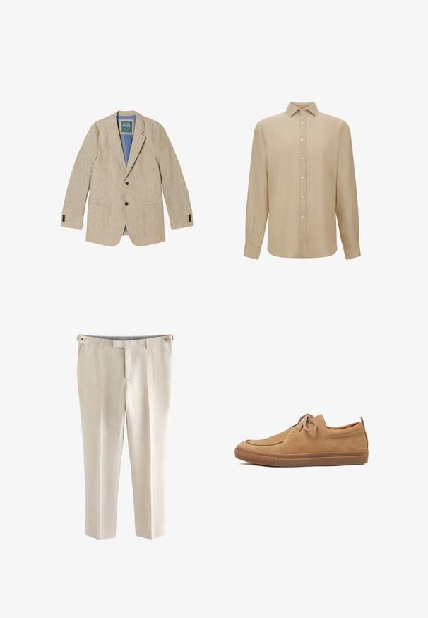 Beige linnen herenblazer met inkepingstruien, twee voorste knopen, opgestikte zakken en een blauwe voering.; Beige, langemouwen blouse van lichtgewicht stof. Voorzien van een knoopsluiting aan de voorkant, een uitgesproken kraag en manchetten. Glad van textuur.; Beige, op maat gemaakte broek met riemlussen, een rits aan de voorkant en twee zijzakken, gemaakt van lichtgewicht stof.; Casual schoenen van suède in tan met een ronde neus, vetersluiting en een rubberen zool. Voorzien van stikdetails en een klein logo aan de zijkant.