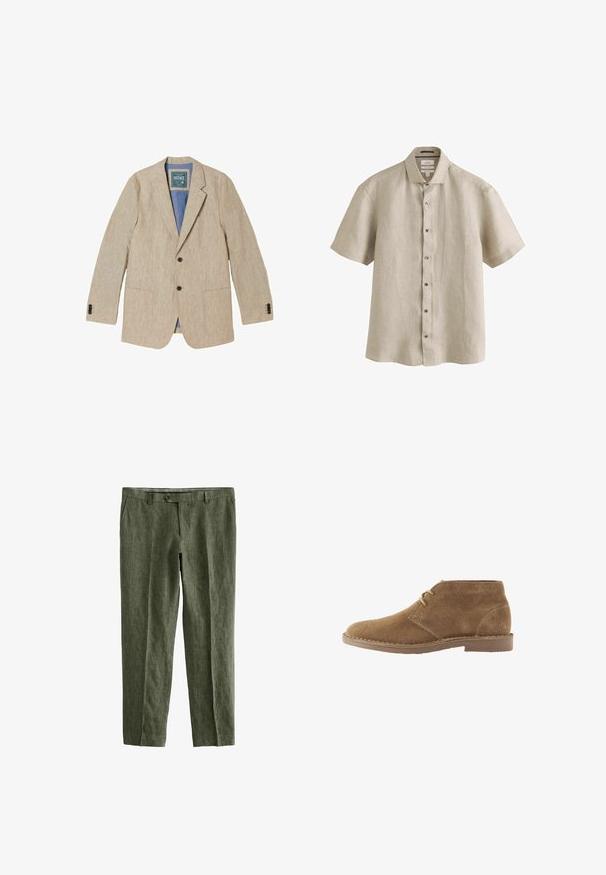 Beige hør herreblazer med hak på reverset, to forreste knapper, påsyede lommer og blå inderforing.; Beige kortærmet knap-op skjorte med krave, lavet af hørstof, vist mod en hvid baggrund.; Next SIGNATURE - REGULAR FIT - Bukser - olive green; Brun ruskind ankelhøj afslappet sko med to snørehuller og syet sål på hvid baggrund, set fra siden.