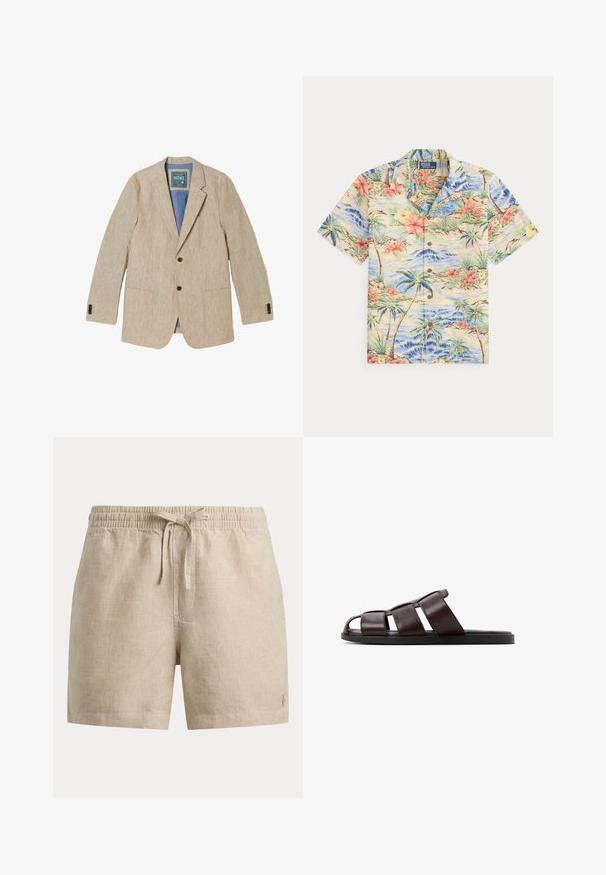 Beige linnen herenblazer met inkepingstruien, twee voorste knopen, opgestikte zakken en een blauwe voering.; Korte mouwen overhemd met knopen met een tropische print van palmbomen, rode en gele bloemen en blauwe oceaangolven op een lichte achtergrond.; Beige geruite korte broek met elastische tailleband en voorzijde trekkoord, met een klein geborduurd logo op het linkeronderbeen.; Bruine leren slidesandalen met een breed bandontwerp, open teenstijl en een platte zwarte zool. Beschikken over een gladde textuur en minimale details.