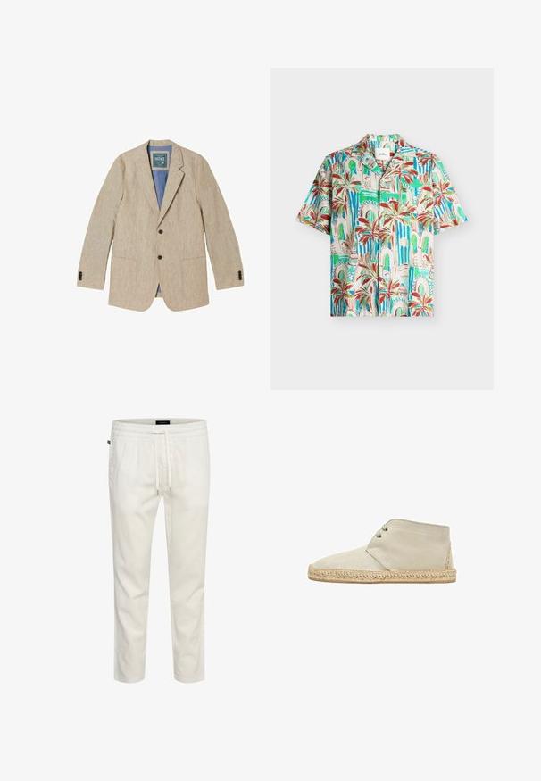 Blazer de lino beige para hombre con solapas con muesca, dos botones delanteros, bolsillos parche y forro interior azul.; Camisa de manga corta con botones y estampado de palmeras tropicales y arcos en tonos verdes, azules, rojos y beige sobre un fondo claro.; Joggers ligeros de algodón blanco con cintura elástica, cierre con cordón y un corte relajado. Textura suave sin patrones ni acentos.; Botas de tobillo de ante beige con dos ojales, suela de yute trenzado y detalles de costura naranja en el talón. Textura suave y puntera redondeada.