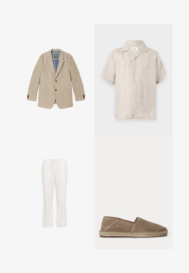 Beige hør herreblazer med hak på reverset, to forreste knapper, påsyede lommer og blå inderforing.; Beige kortærmet linnedskjorte med krave og knapper foran, med en synlig hvid label inde i kraven med teksten "NN.07".; Lettere, hvide linnedbukser med elastisk talje og snorbindning. Lige ben-design med en glat tekstur og uden bemærkelsesværdige mønstre.; Beige ruskind espadrille sko med flettet juttesål og lukket rundet tå, vist fra siden på en ensfarvet baggrund.