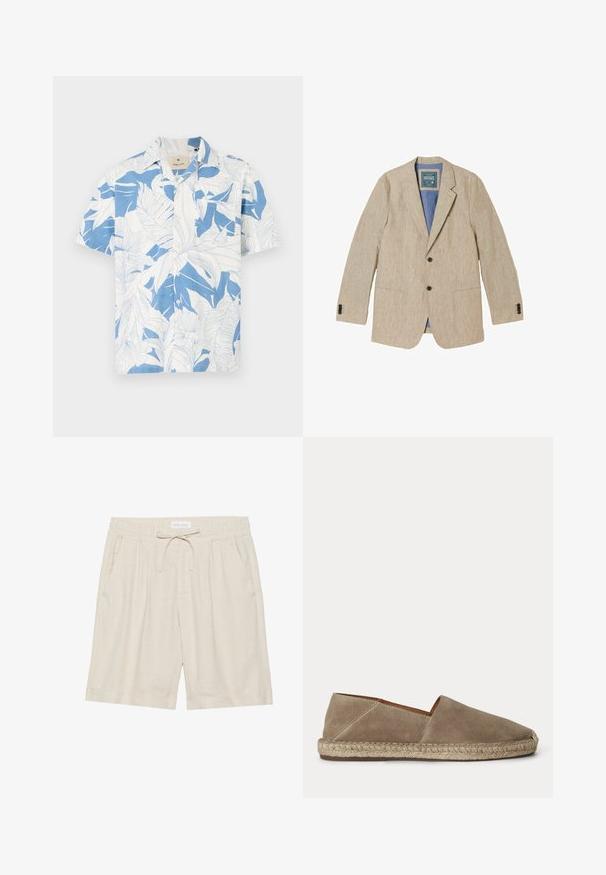 Blazer de lino beige para hombre con solapas con muesca, dos botones delanteros, bolsillos parche y forro interior azul.; Camisa de manga corta con un estampado de hojas tropicales en blanco y azul, hecha de una tela ligera. Cuenta con un collar clásico y un diseño de botones en la parte frontal.; Shorts de lino beige con cintura elástica, cordón ajustable y bolsillos laterales. Ajuste holgado con pierna recta y dobladillo vuelto.; Zapato espadrille de ante beige con suela de yute trenzado y puntera cerrada y redondeada, mostrado de lado sobre un fondo liso.