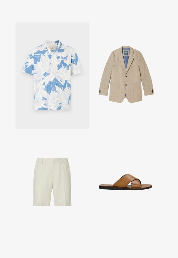 Beige linnen herenblazer met inkepingstruien, twee voorste knopen, opgestikte zakken en een blauwe voering.; Korte mouw shirt met een wit en blauw tropisch bladpatroon, gemaakt van lichtgewicht stof. Heeft een klassieke kraag en een knoopsluiting aan de voorkant.; Beige knielange shorts met omgeslagen zomen, een elastische tailleband aan de achterkant, riemlussen en voorste zijzakken.; Bruine leren slip-on sandaal met een perforerend kruisbandontwerp, vlakke zwarte rubberen zool en een gladde binnenvoering.