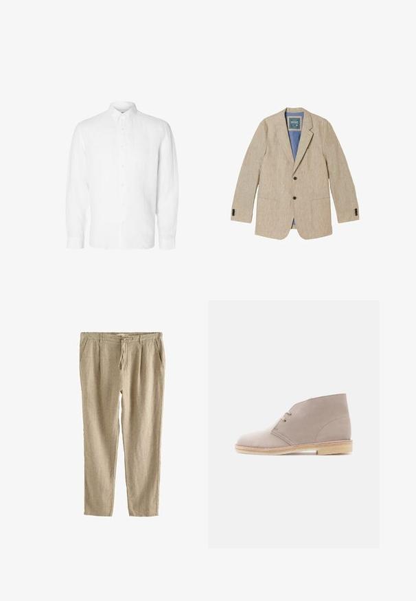 Beiger Leinen Herrenblazer mit Kerbkragen, zwei vorderen Knöpfen, aufgesetzten Taschen und blauem Innenfutter.; Weißes Langarmhemd aus Leinen mit Button-Down-Kragen, vorderen Knöpfen und einer lässigen Passform mit geraden Manschetten.; Beige Leinen-Casualhose mit Kordelzug an der Taille, Seitentaschen und entspannter gerader Passform.; Beiger Wildleder-Stiefelette mit Zwei-Ösen-Schnürung, Kreppsohle und niedrigem gestapeltem Absatz, seitlich auf einfarbigem Hintergrund gezeigt.