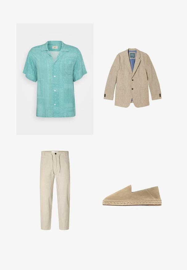 Blazer de lino beige para hombre con solapas con muesca, dos botones delanteros, bolsillos parche y forro interior azul.; Camisa de manga corta con cuello en tejido de color verde claro que presenta un diseño sutil y estampado con parches y texturas. Con un bolsillo en el pecho.; Selected Slim Tapered Linen Blend - Pantalones - vetiver; Alpargata de serraje beige tipo slip-on con suela de yute trenzado y suela exterior plana de goma, vista desde el lado exterior sobre un fondo blanco.