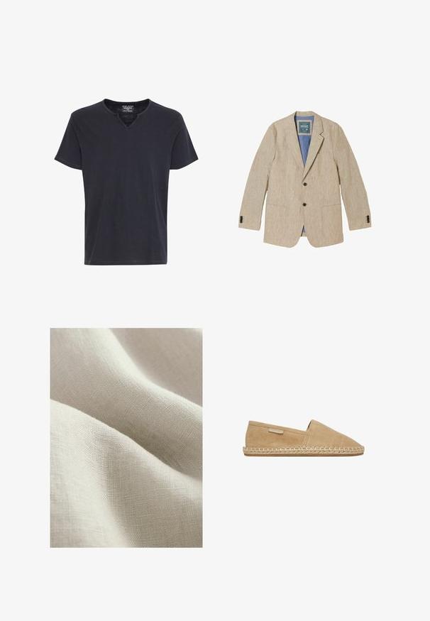 Beiger Leinen Herrenblazer mit Kerbkragen, zwei vorderen Knöpfen, aufgesetzten Taschen und blauem Innenfutter.; Schwarzes T-Shirt mit kurzen Ärmeln und einem V-förmigen Ausschnitt, einfaches, schmuckloses Design, dargestellt auf weißem Hintergrund.; Helle beige Leinenstoff mit einer strukturierten Oberfläche, die sanfte, fließende Falten und ein feines Webmuster zeigt.; Hellbraune Wildleder-Slip-On-Espadrille mit geflochtener Jutesohle und kleinem Markenzeichen an der Seite, gezeigt auf weißem Hintergrund.