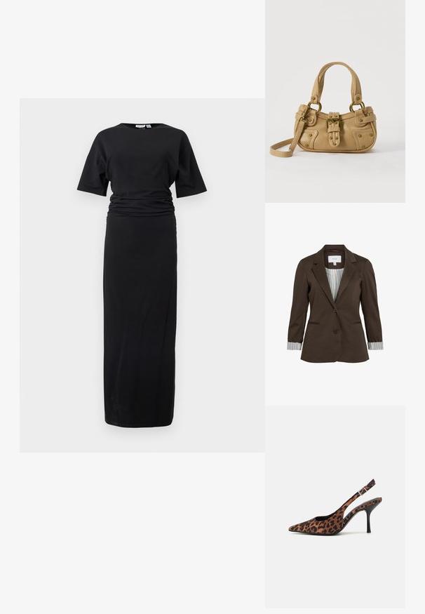 Blazer marrón de corte entallado, con dos botones y bolsillos laterales. Presenta puños a rayas y un forro de rayas finas, confeccionado en un material suave.; Vestido midi negro de manga corta con detalle de cintura fruncida y escote redondo, mostrado sobre un fondo blanco liso.; Tacones altos de salón con estampado de leopardo, punta afilada, tacón negro brillante y correa ajustable en el tobillo. Material suave con un acabado texturizado.; Bolso de cuero beige con doble asa, hebilla y remaches de latón, y una correa de hombro ajustable sobre un fondo blanco.