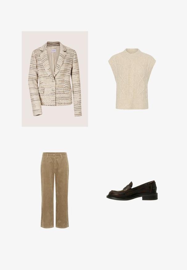 Beige en crèmekleurige tweed damesblazer met lange mouwen, twee knopen, een notch-reverskraag en voorzakken.; Roomkleurige mouwloze gebreide sweater-vest met kabel- en gestructureerde patronen en een geribde nepkraag.; Beige corduroy broek met riemlussen, knoopsluiting aan de voorkant, ritssluiting en rechte pijpen.; Bruine leren instappers met een ronde neus, een slip-on ontwerp en stiksels. Voorzien van een dikke zwarte rubberen zool voor stabiliteit.