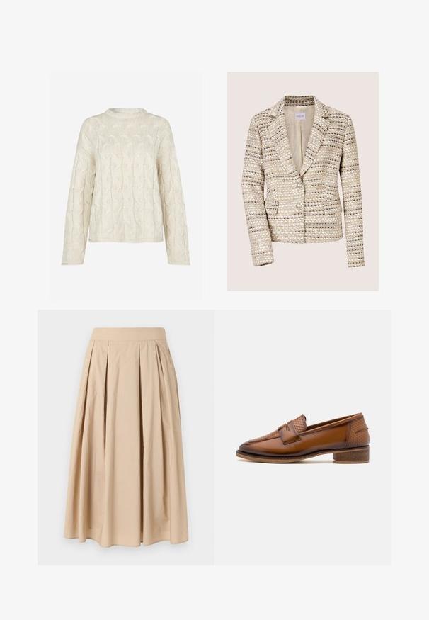 Blazer en tweed beige et crème pour femme, manches longues, deux boutons, col à revers cranté et poches avant.; Envii FIONA - Pullover - beige; Jupe plissée beige, longueur au genou, avec une large ceinture, réalisée en tissu léger, présentée sur un fond blanc uni.; Mocassins en cuir marron avec un panneau avant tissé texturé, bout rond et petit talon empilé. Finition lisse avec des détails de couture subtils.