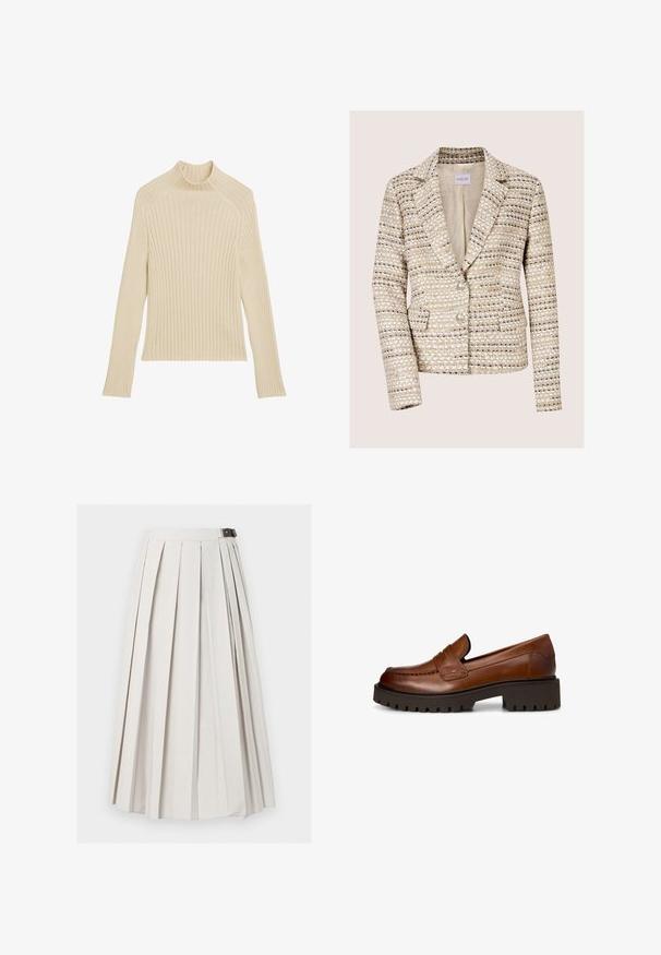 Beige en crèmekleurige tweed damesblazer met lange mouwen, twee knopen, een notch-reverskraag en voorzakken.; Geribbeld gebreide longsleeve top in off-white met een hoge kraag en een slim fit. Heeft een verticale textuur en een cropped zoom.; Lange witte geplooide rok met een zij gesp sluiting, plat weergegeven tegen een witte achtergrond.; Bruine leren loafer met dikke zwarte profielzool en lage blokhak, getoond vanaf de zijkant op een witte achtergrond.