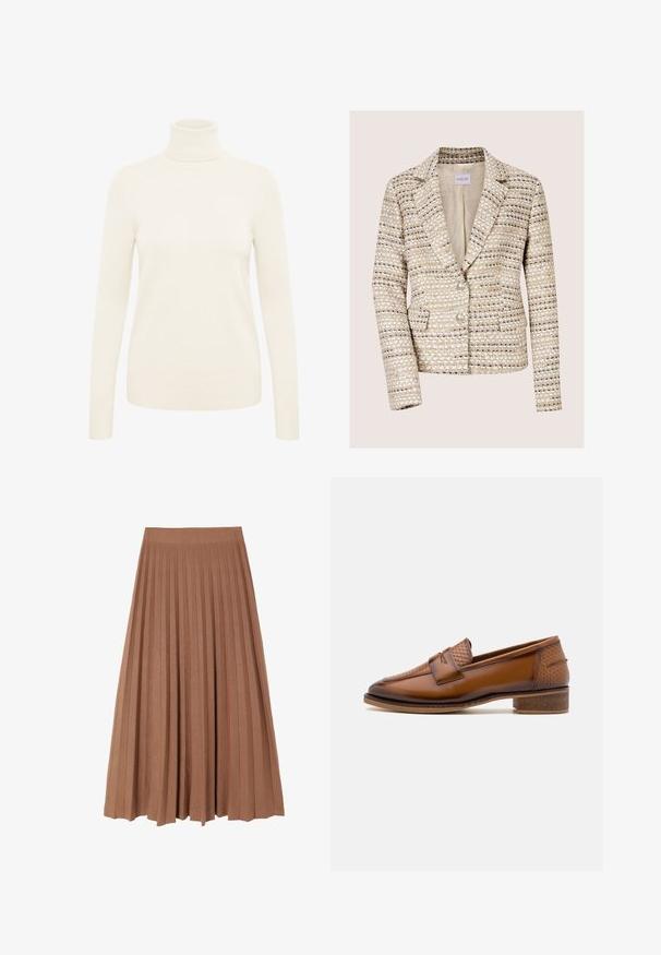 Blazer en tweed beige et crème pour femme, manches longues, deux boutons, col à revers cranté et poches avant.; Pull à col roulé crème fabriqué à partir d'un tissu en maille doux. Il dispose de manches longues et de poignets et d'un ourlet côtelés.; Jupe midi plissée marron avec une texture lisse et une large ceinture, présentant des plis verticaux réguliers sur toute sa longueur, créant une silhouette fluide.; Mocassins en cuir marron avec un panneau avant tissé texturé, bout rond et petit talon empilé. Finition lisse avec des détails de couture subtils.