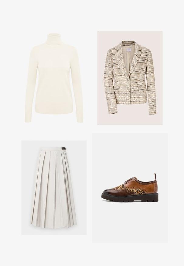Blazer en tweed beige et crème pour femme, manches longues, deux boutons, col à revers cranté et poches avant.; Pull à col roulé crème fabriqué à partir d'un tissu en maille doux. Il dispose de manches longues et de poignets et d'un ourlet côtelés.; Longue jupe blanche plissée avec une fermeture latérale à boucle, présentée à plat sur un fond blanc.; Chaussure en cuir brun à lacets avec des accents de motif léopard, surfaces lisses et texturées, bout rond et semelle épaisse et robuste.