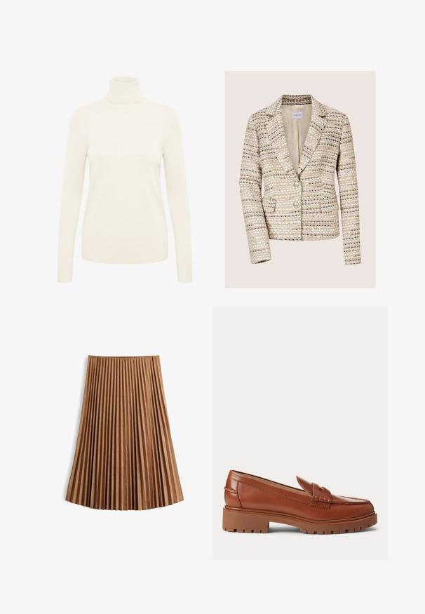 Blazer en tweed beige et crème pour femme, manches longues, deux boutons, col à revers cranté et poches avant.; Pull à col roulé crème fabriqué à partir d'un tissu en maille doux. Il dispose de manches longues et de poignets et d'un ourlet côtelés.; Jupe midi plissée marron avec des plis verticaux réguliers, une ceinture et un ourlet légèrement évasé sur fond blanc.; Mocassin en cuir marron avec semelle épaisse en caoutchouc et petit talon, doté d'une bride cousue sur le dessus.