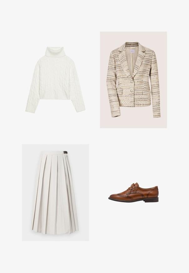 Blazer en tweed beige et crème pour femme, manches longues, deux boutons, col à revers cranté et poches avant.; Pull à col roulé en maille blanche, avec une coupe courte, doté de poignets et d'un ourlet côtelés. Texture douce avec un design épais et confortable.; Longue jupe blanche plissée avec une fermeture latérale à boucle, présentée à plat sur un fond blanc.; Chaussure Oxford brogue en cuir marron avec détails à bout ailé, perforations, lacets et talon bas empilé sur fond blanc.