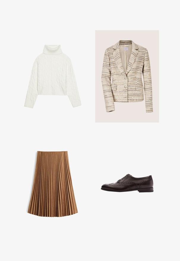 Blazer en tweed beige et crème pour femme, manches longues, deux boutons, col à revers cranté et poches avant.; Pull à col roulé en maille blanche, avec une coupe courte, doté de poignets et d'un ourlet côtelés. Texture douce avec un design épais et confortable.; Jupe midi plissée marron avec des plis verticaux réguliers, une ceinture et un ourlet légèrement évasé sur fond blanc.; Chaussure habillée en cuir marron avec des détails de brogue, fermeture à lacets, bout arrondi et un petit talon empilé. Fini poli et perforations complexes.