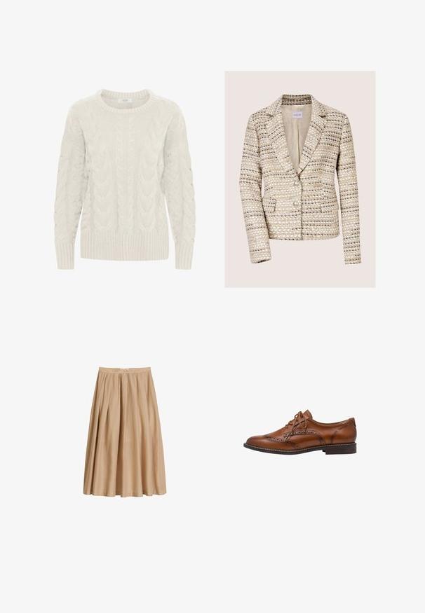 Blazer en tweed beige et crème pour femme, manches longues, deux boutons, col à revers cranté et poches avant.; Pull en maille torsadée gris clair avec un col rond, des motifs texturés, et des poignets et un ourlet côtelés. Fabriqué en fil doux et épais.; Jupe midi beige en ligne A avec plis, ceinture et léger éclat, présentée à plat sur fond blanc.; Chaussure Oxford brogue en cuir marron avec détails à bout ailé, perforations, lacets et talon bas empilé sur fond blanc.