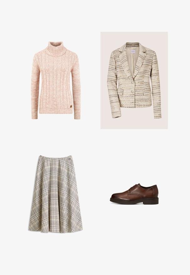Beige en crèmekleurige tweed damesblazer met lange mouwen, twee knopen, een notch-reverskraag en voorzakken.; Gebreide coltrui in zacht perzik met een gestructureerd kabelpatroon, lange mouwen en een geweven merklabel aan de zoom.; Beige A-lijn rok met een getextureerd ruitjespatroon in zwart, bruin en lichtblauwe lijnen, met een klein geborduurd logo nabij de tailleband.; Bruine leren herenschoen met vetersluiting en lage hak, zijaanzicht op een witte achtergrond.