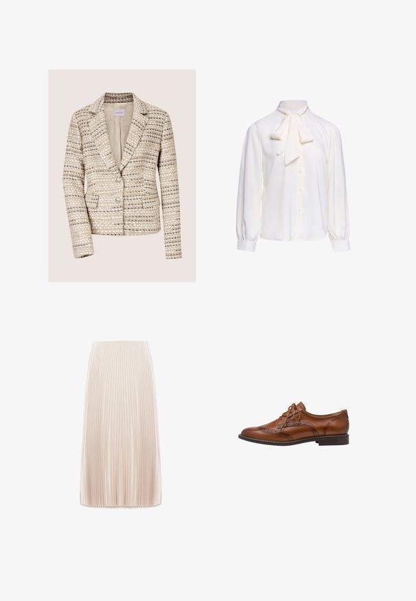 Blazer en tweed beige et crème pour femme, manches longues, deux boutons, col à revers cranté et poches avant.; Blouse blanche à manches longues avec boutonnière devant et grand nœud noué au col sur un fond uni.; Jupe midi plissée de couleur beige clair, fabriquée à partir d'un tissu lisse, présentant de fines plis verticaux et une taille élastique.; Chaussure Oxford brogue en cuir marron avec détails à bout ailé, perforations, lacets et talon bas empilé sur fond blanc.