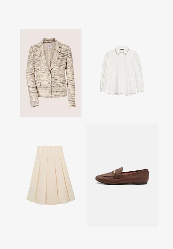 Beige en crèmekleurige tweed damesblazer met lange mouwen, twee knopen, een notch-reverskraag en voorzakken.; Witte blouse met lange mouwen en een klassieke kraag, voorzien van een decoratieve kralenbies bij de kraag en een knoopsluiting aan de voorkant. Het materiaal ziet er glad en strak uit.; Plisseerok van crèmekleurige stof; heeft een zachte textuur, een middellange ontwerp en symmetrische plooien die zich uitstrekken van de tailleband tot de zoom.; Bruine leren loafer met een platte zool, voorzien van een decoratieve gouden gesp en een gladde textuur, ontworpen voor comfort en gebruiksgemak.