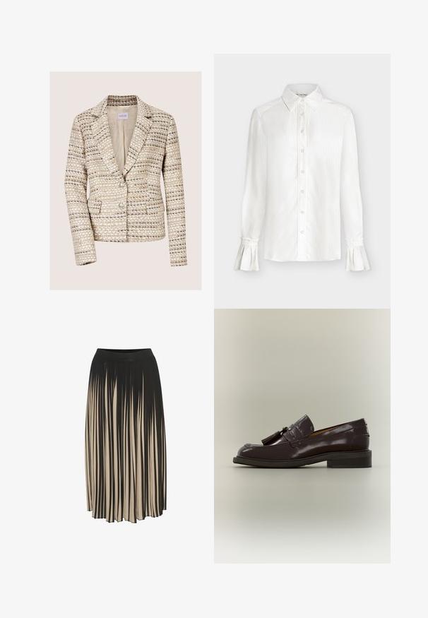 Beige en crèmekleurige tweed damesblazer met lange mouwen, twee knopen, een notch-reverskraag en voorzakken.; Witte blouse met lange mouwen, knoopsluiting aan de voorkant, puntige kraag, subtiele verticale strepen en wijde manchetten met rucherand.; Plissé midi rok in zwart en beige met een hoge elastische tailleband, voorzien van verticale strepen en een vloeiende stijl voor beweging.; Donkerbruine leren loafer met franjes, lage hak en gestikte zool, vanaf de zijkant getoond op een neutrale achtergrond.