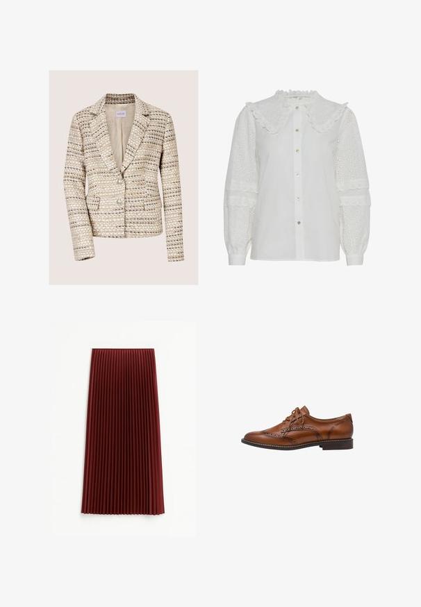 Beige en crèmekleurige tweed damesblazer met lange mouwen, twee knopen, een notch-reverskraag en voorzakken.; Witte blouse met een gerimpelde kraag, knopen aan de voorkant en geborduurd opengewerkt detail op de pofmouwen. Heeft een subtiele glans en een zachte textuur.; Plissé midi-rok in diep rood, met een gestructureerde stof en gelijkmatig verdeelde verticale plooien. De zoom valt rond de middenkuit.; Bruine leren brogue oxford schoen met wingtip-details, perforaties, veters en lage gestapelde hak op een witte achtergrond.