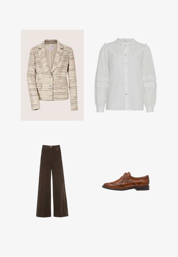 Beige en crèmekleurige tweed damesblazer met lange mouwen, twee knopen, een notch-reverskraag en voorzakken.; Witte blouse met een gerimpelde kraag, knopen aan de voorkant en geborduurd opengewerkt detail op de pofmouwen. Heeft een subtiele glans en een zachte textuur.; Bruine wide-leg ribfluwelen broek met een hoge tailleband, voorzien van een gouden knop en een decoratieve ringdetails. Geweven, zachte stof met verticale strepen.; Bruine leren brogue oxford schoen met wingtip-details, perforaties, veters en lage gestapelde hak op een witte achtergrond.
