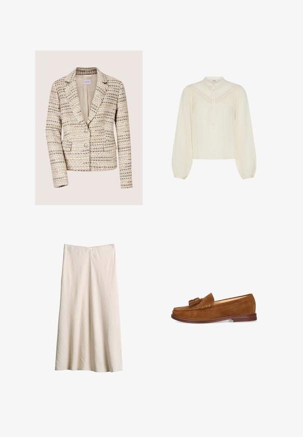 Beige en crèmekleurige tweed damesblazer met lange mouwen, twee knopen, een notch-reverskraag en voorzakken.; Crème kleurige blouse met lange mouwen en knopen aan de voorkant, delicate kanten rand op het beleg en geplooide stof voor een losse pasvorm.; Crèmekleurige knielange rok gemaakt van gestructureerde stof. Heeft een brede tailleband en een A-lijn ontwerp met een vloeiende silhouet.; Bruine suède loafer met tassel, ronde neus, lage houten hak en gestikte details langs de randen.