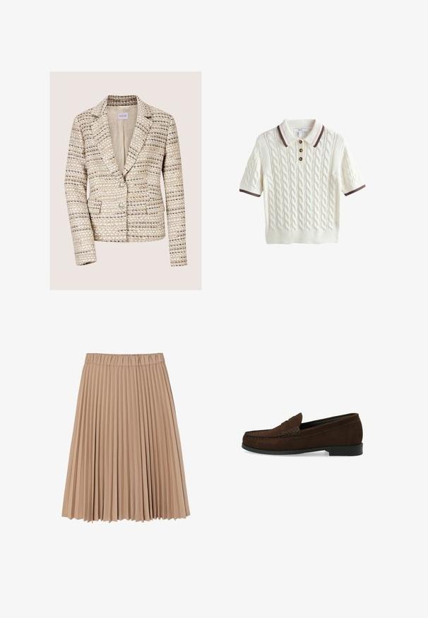 Beige en crèmekleurige tweed damesblazer met lange mouwen, twee knopen, een notch-reverskraag en voorzakken.; Wit kabelgebreide polo met korte mouwen, bruine en roze gestreepte kraag en mouwboorden, en drie bruine knopen op het knooplijstje.; Plissé rok gemaakt van zachte beige stof; heeft een elastische tailleband en een vloeiende ontwerp met smalle, gelijkmatige plooien door het hele kledingstuk.; Bruine suède instapschoenen met een gestikt moccasin-neus, platte zwarte rubberen zool en een decoratieve bovenband en detail.