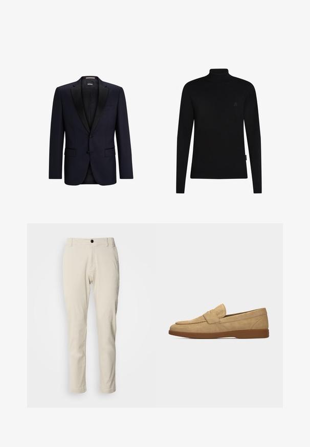 Blazer navy con solapas de satén negro, cierre de un solo botón, dos bolsillos frontales y una textura sutil. Etiquetas visibles en el interior.; Jersey de cuello alto negro en tejido de punto con mangas largas; presenta puños y dobladillo acanalados; pequeño logotipo sutil en el pecho.; Chinos beige con corte recto, hechos de suave tela de algodón, con cierre de cremallera y un único botón negro.; Zapato mocasín para hombre de ante beige con suela de goma marrón y detalle de una correa en la parte superior, mostrado de lado sobre un fondo liso.