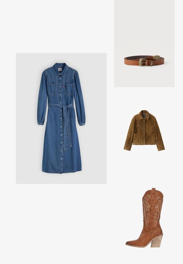 Bruine suède jas met knopen, grote voorzakken en een brede kraag, tentoongesteld op een witte achtergrond.; Denimjurk met een kraag, lange pofmouwen, knoopsluiting aan de voorkant, twee borstzakken, taillekoord en knielengte in donkerblauw.; Bruine leren cowboylaars met witte borduursel, puntige neus en een gestructureerde blokhak. Bevat een lus voor eenvoudig aan- en uittrekken.; Bruine leren riem opgerold met sierlijke antieke goudkleurige gesp, lus en uiteinde met bloemen- en geometrische gravures, op een witte achtergrond.