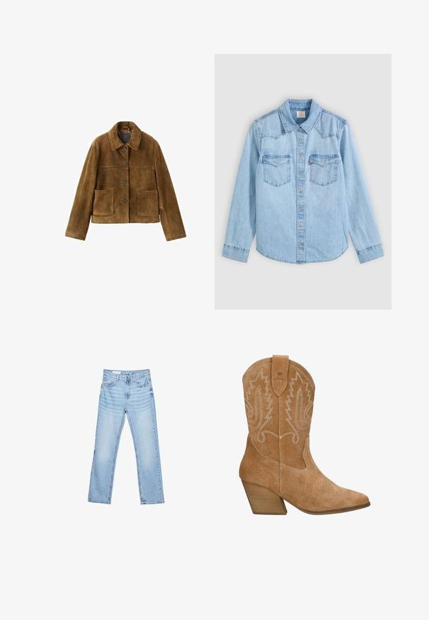 Veste en daim marron à boutons, avec de grandes poches frontales et un large col, présentée sur un fond blanc.; Chemise en denim bleu clair à manches longues avec fermeture par boutons, deux poches poitrine à rabats et un col classique pointu sur fond gris.; Jeans en denim bleu clair avec une coupe droite, un design à cinq poches et des coutures visibles. Taille mi-haute avec une fermeture classique à bouton et zip.; Wojas R.36 - Bottines de cowboy / motard - light brown