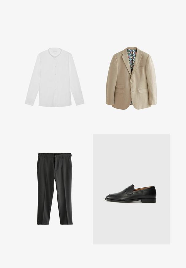 Blazer en lin beige avec deux poches avant, revers à notch et une doublure colorée à motifs géométriques. Comprend une fermeture à deux boutons.; Chemise blanche à manches longues avec col montant et une poche poitrine, posée à plat sur un fond uni.; Pantalons gris ajustés avec un devant plat, deux poches latérales et une fermeture à bouton. Tissu lisse avec une texture subtile et des plis marqués.; Mocassin en cuir noir avec un bout arrondi, des coutures subtiles et un talon bas, présentant une texture lisse et un design minimaliste.