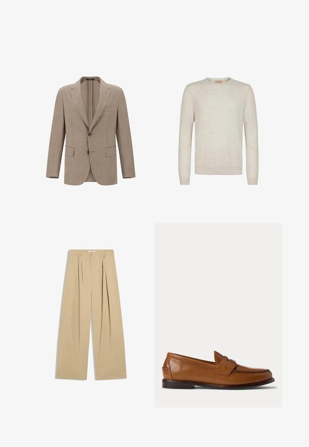 Beige Leinenblazer mit Reverskragen, zwei Knöpfen und zwei vorderen Taschen. Strukturierter Stoff mit einem subtilen Webmuster.; Beiger Rundhalsausschnitt-Pullover aus weichem Strickstoff. Mit langen Ärmeln und gerippten Bündchen und Saum. Minimalistisches Design mit glatter Oberfläche.; Beige, weit geschnittene Hose mit Falten vorne, Gürtelschlaufen und hohem Bund, flach auf weißem Hintergrund dargestellt.; Brauner Leder-Penny-Loafer mit niedrigem Absatz und gesteppten Details an Vorder- und Seitenpartien, seitlich auf weißem Hintergrund dargestellt.