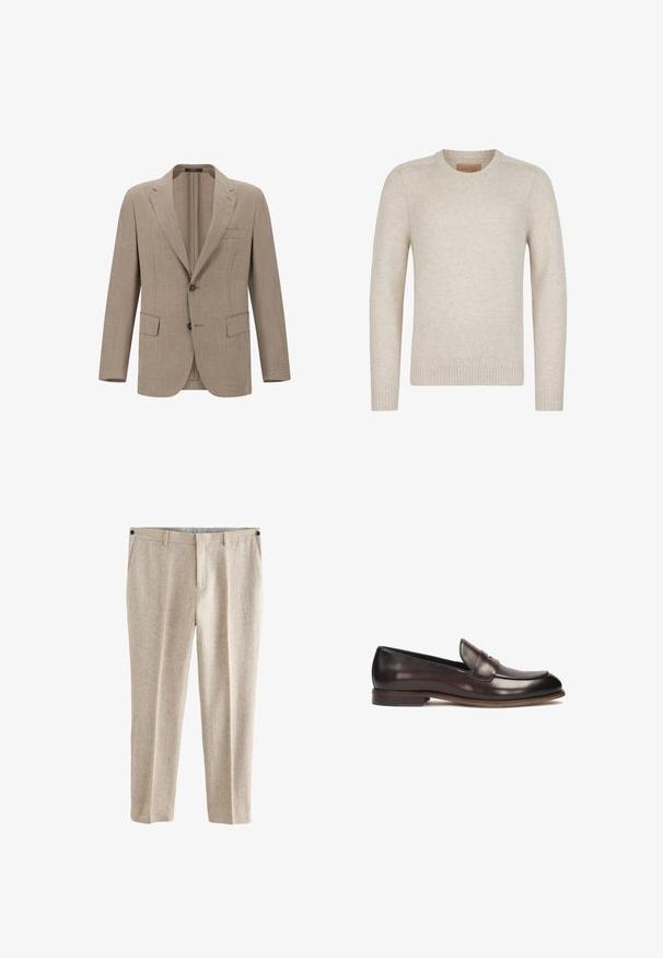 Beige Leinenblazer mit Reverskragen, zwei Knöpfen und zwei vorderen Taschen. Strukturierter Stoff mit einem subtilen Webmuster.; Beiger Langarm-Pullover mit Rundhalsausschnitt aus weichem Strickstoff mit gerippten Bündchen und Saum.; Beige Wollhose mit strukturierter Oberfläche, geradem Bein, zwei Fronttaschen und einem Knopfverschluss am Bund.; Dunkelbraune Lederloafers mit abgerundeter Spitze, erhobenem Steppdetail und leichtem Absatz. Glatte Textur und klassisches Design.