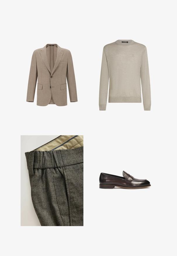 Beige linnen blazer met een notch lapel, twee knopen en twee voorzakken. Geweven stof met een subtiel patroon.; Lichtbeige trui met ronde hals, lange mouwen en subtiele kleine logo borduring op de linkerborst.; Grijze, gestructureerde broek met een geplooide tailleband en contrasterende binnenvoering. Bevat subtiele patronen en een nette pasvorm.; Donkerbruine leren loafers met een ronde neus, verhoogde stiksels en een lichte hak. Gladde textuur en klassiek ontwerp.