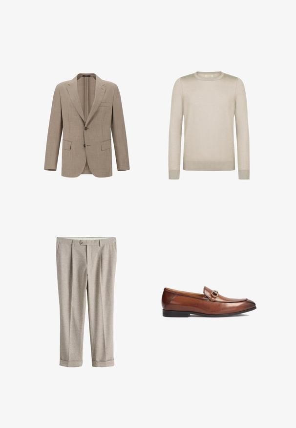 Blazer en lin beige avec un revers cranté, deux boutons et deux poches avant. Tissu texturé avec un motif de tissage subtil.; Pull léger beige fabriqué dans un matériau doux. Présente un col rond, des manches longues et des poignets et un ourlet côtelés pour un look ajusté.; Pantalon beige clair ajusté avec fermeture à boutons, passants pour ceinture, poches latérales et ourlets retroussés.; Mocassins en cuir marron avec un bout arrondi, des coutures apparentes et un accent décoratif en métal sur le devant. Semelle en caoutchouc.