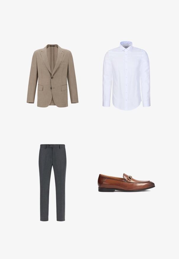 Beige linned blazer med notched revers, to knapper og to forlommer. Textureret stof med et subtilt vævemønster.; Hvid langærmet herreskjorte med knapper foran og klassisk krave, vist på hvid baggrund.; Mørkegrå skræddersyede bukser i en tekstureret uldblanding, med flad front, sidelommer og enkelt knaplukning. Slim fit design.; Brune læder loafers med rund tå, syningsdetaljer og en dekorativ metalspændeaccent foran. Gummisol.
