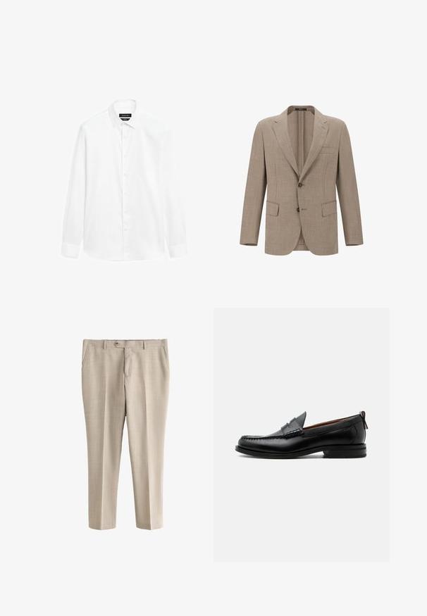 Beige linnen blazer met een notch lapel, twee knopen en twee voorzakken. Geweven stof met een subtiel patroon.; Witte overhemd met een button-down kraag, lange mouwen en een knoopsluiting aan de voorkant. De stof lijkt soepel met een lichte glans.; Beige herenkledebroek met riemlussen, knoopsluiting, zijzakken en een rechte snit.; Zwarte leren herensloffen met moc toe stiksel, pennyriem, gestructureerde kraag en lage gestapelde hak op witte achtergrond.