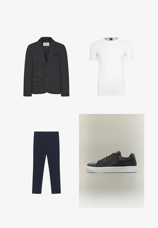 Blazer negro hecho de tejido estructurado, con solapa de pico, dos bolsillos frontales y cierre de un solo botón. Detalles mínimos.; Camiseta blanca de manga corta y cuello redondo sobre un fondo blanco, mostrando la vista frontal con la etiqueta de la marca visible dentro del cuello.; Pantalones formales azul marino con un diseño entallado, textura suave y dos bolsillos delanteros, con líneas limpias y un corte recto.; Zapatilla deportiva de cuero negro de corte bajo con cordones negros y suela de goma blanca sobre fondo neutro, vista lateral.
