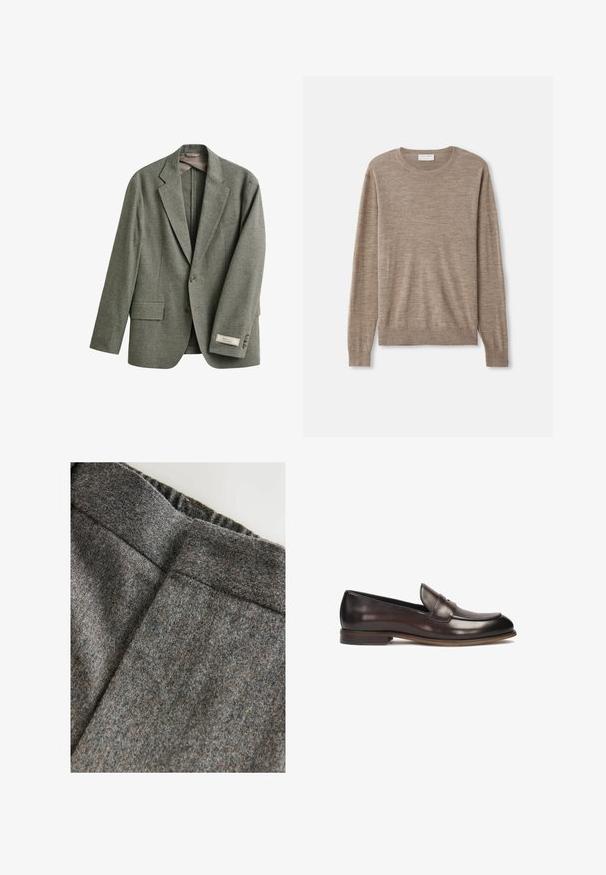 Grijze eenrijige blazer met inkepingsrevers, twee klepzakken voor, twee knopen en een stoffen label op de linker mouwmanchet.; Beige trui gemaakt van fijngebreid materiaal. Heeft een ronde halslijn, lange mouwen en ribbelboorden aan de mouwen en onderkant. Eenvoudig en klassiek ontwerp.; Grijze wollen mix broek met een soepele textuur, voorzien van een brede tailleband en een cleane, klassieke snit. Subtiele kleurvlekken aanwezig.; Donkerbruine leren loafers met een ronde neus, verhoogde stiksels en een lichte hak. Gladde textuur en klassiek ontwerp.
